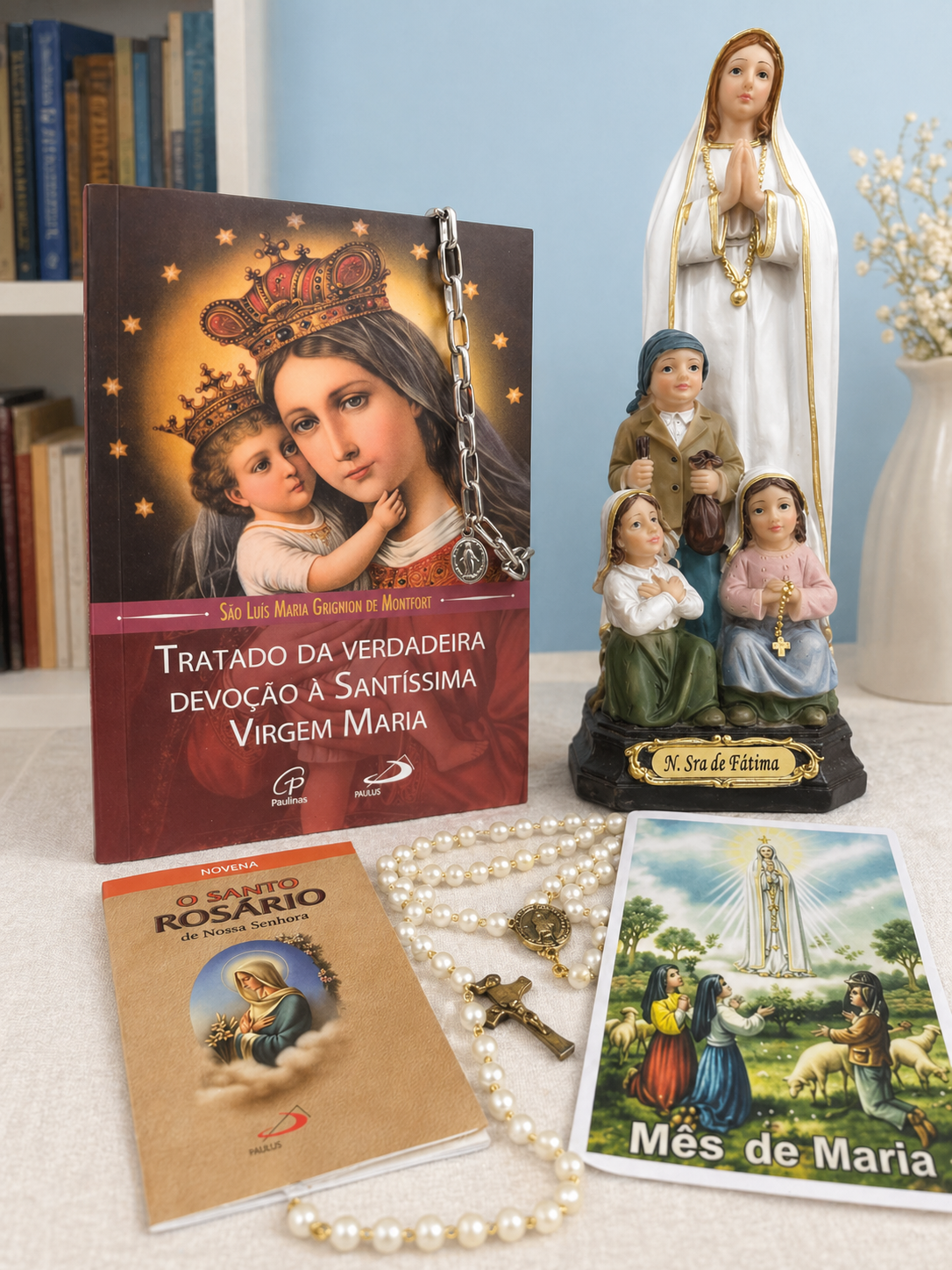 Imagem de Nossa Senhora de Fátima, rosário, novena e folheto Mês de Maria