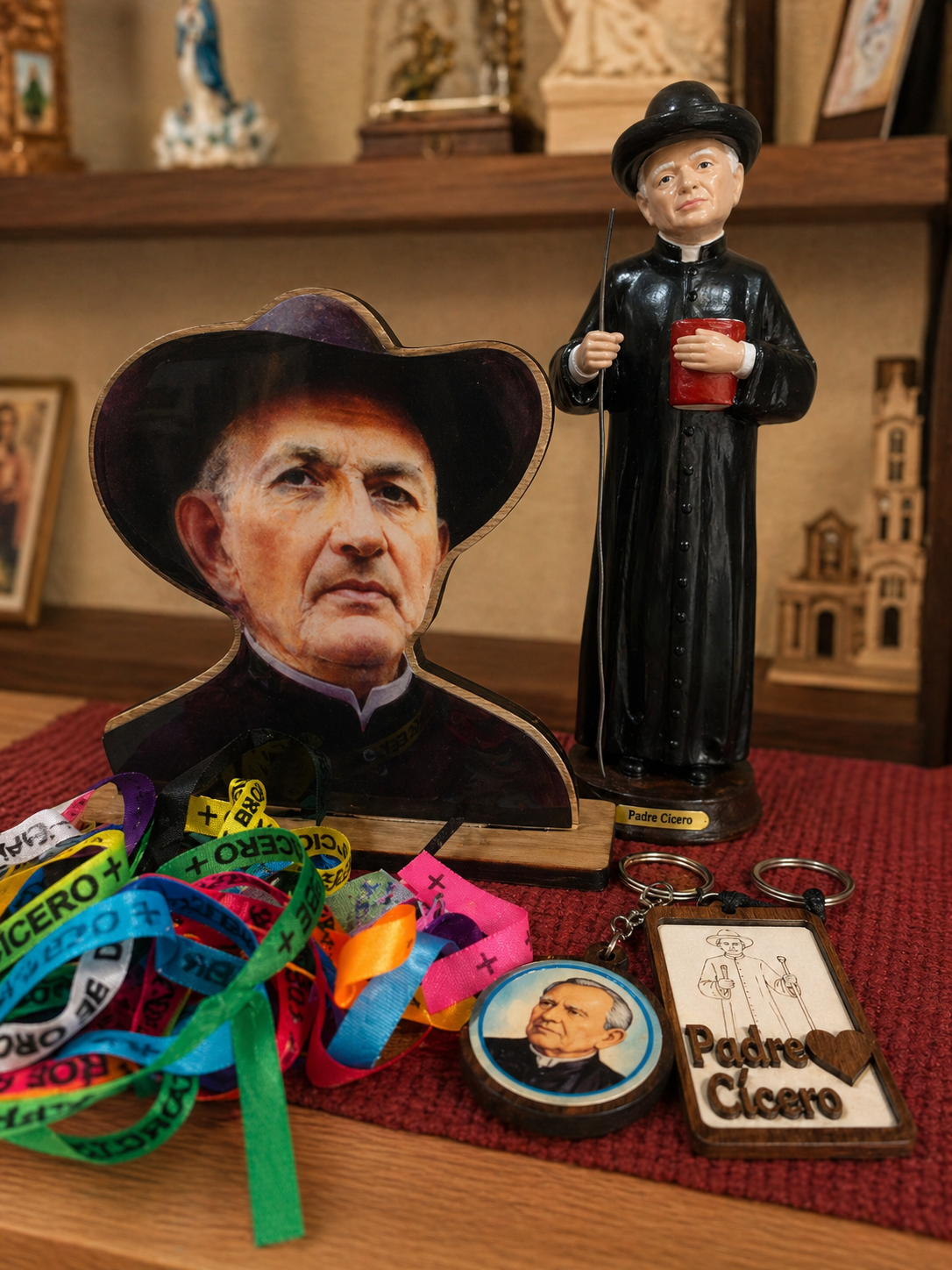 Imagem, lembranças, fitas e chaveiros de Padre Cícero