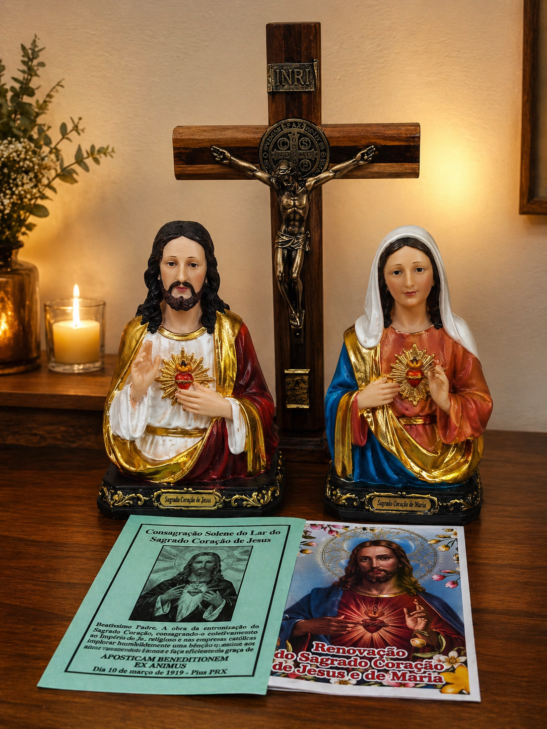 Imagens do Sagrado Coração de Jesus e de Maria, crucifixo e folhetos